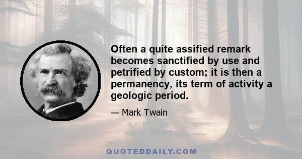 Often a quite assified remark becomes sanctified by use and petrified by custom; it is then a permanency, its term of activity a geologic period.