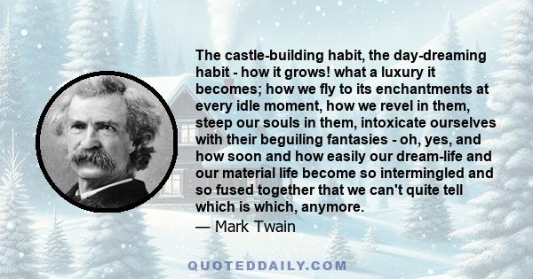 The castle-building habit, the day-dreaming habit - how it grows! what a luxury it becomes; how we fly to its enchantments at every idle moment, how we revel in them, steep our souls in them, intoxicate ourselves with