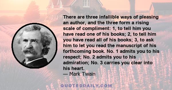 There are three infallible ways of pleasing an author, and the three form a rising scale of compliment: 1, to tell him you have read one of his books; 2, to tell him you have read all of his books; 3, to ask him to let