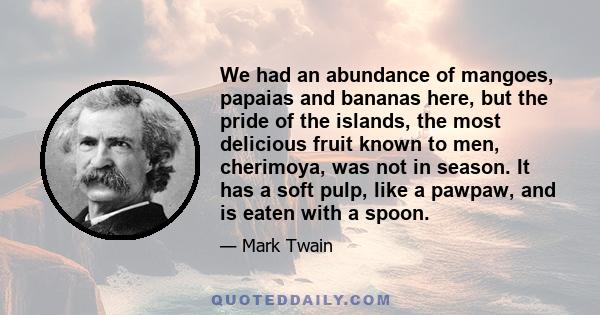 We had an abundance of mangoes, papaias and bananas here, but the pride of the islands, the most delicious fruit known to men, cherimoya, was not in season. It has a soft pulp, like a pawpaw, and is eaten with a spoon.