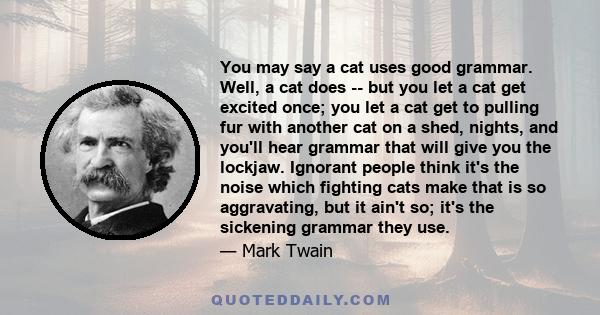 You may say a cat uses good grammar. Well, a cat does -- but you let a cat get excited once; you let a cat get to pulling fur with another cat on a shed, nights, and you'll hear grammar that will give you the lockjaw.