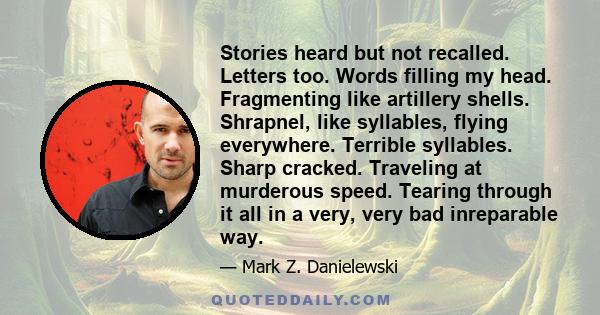 Stories heard but not recalled. Letters too. Words filling my head. Fragmenting like artillery shells. Shrapnel, like syllables, flying everywhere. Terrible syllables. Sharp cracked. Traveling at murderous speed.