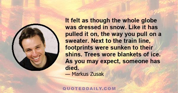 It felt as though the whole globe was dressed in snow. Like it has pulled it on, the way you pull on a sweater. Next to the train line, footprints were sunken to their shins. Trees wore blankets of ice. As you may