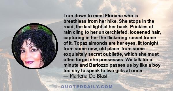 I run down to meet Floriana who is breathless from her hike. She stops in the road, the last light at her back. Prickles of rain cling to her unkerchiefed, loosened hair, capturing in her the flickering russet frame of