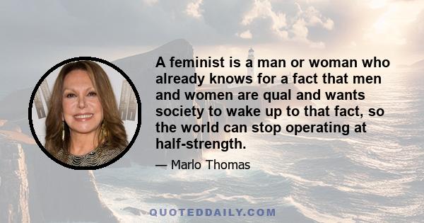 A feminist is a man or woman who already knows for a fact that men and women are qual and wants society to wake up to that fact, so the world can stop operating at half-strength.