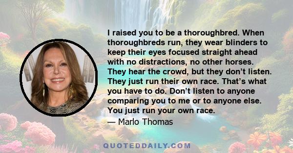 I raised you to be a thoroughbred. When thoroughbreds run, they wear blinders to keep their eyes focused straight ahead with no distractions, no other horses. They hear the crowd, but they don’t listen. They just run