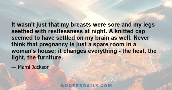 It wasn't just that my breasts were sore and my legs seethed with restlessness at night. A knitted cap seemed to have settled on my brain as well. Never think that pregnancy is just a spare room in a woman's house; it