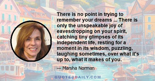 There is no point in trying to remember your dreams ... There is only the unspeakable joy of eavesdropping on your spirit, catching tiny glimpses of its independent life, resting for a moment in its wisdom, puzzling,