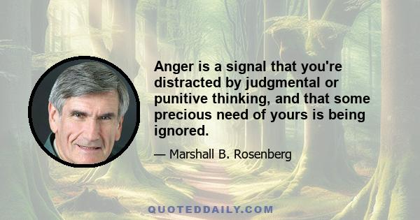 Anger is a signal that you're distracted by judgmental or punitive thinking, and that some precious need of yours is being ignored.