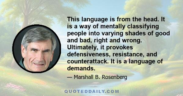 This language is from the head. It is a way of mentally classifying people into varying shades of good and bad, right and wrong. Ultimately, it provokes defensiveness, resistance, and counterattack. It is a language of