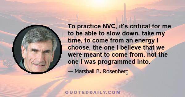 To practice NVC, it's critical for me to be able to slow down, take my time, to come from an energy I choose, the one I believe that we were meant to come from, not the one I was programmed into.