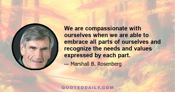 We are compassionate with ourselves when we are able to embrace all parts of ourselves and recognize the needs and values expressed by each part.