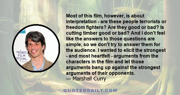 Most of this film, however, is about interpretation - are these people terrorists or freedom fighters? Are they good or bad? Is cutting timber good or bad? And I don't feel like the answers to those questions are