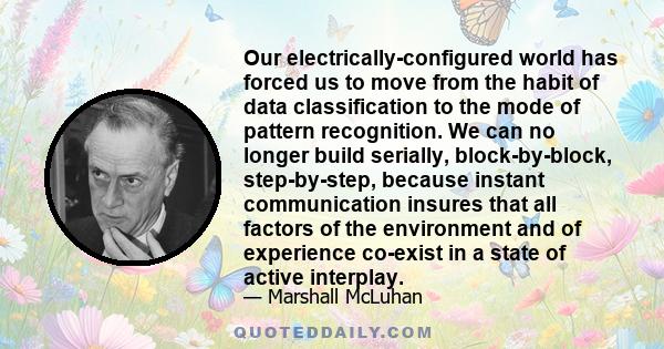 Our electrically-configured world has forced us to move from the habit of data classification to the mode of pattern recognition. We can no longer build serially, block-by-block, step-by-step, because instant