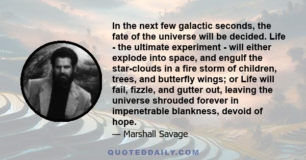 In the next few galactic seconds, the fate of the universe will be decided. Life - the ultimate experiment - will either explode into space, and engulf the star-clouds in a fire storm of children, trees, and butterfly