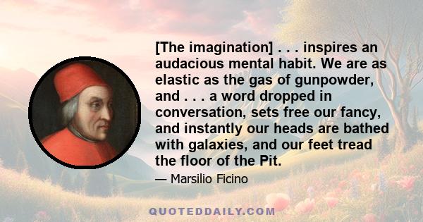 [The imagination] . . . inspires an audacious mental habit. We are as elastic as the gas of gunpowder, and . . . a word dropped in conversation, sets free our fancy, and instantly our heads are bathed with galaxies, and 