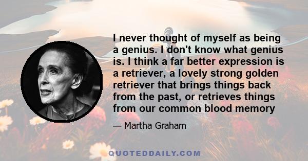 I never thought of myself as being a genius. I don't know what genius is. I think a far better expression is a retriever, a lovely strong golden retriever that brings things back from the past, or retrieves things from