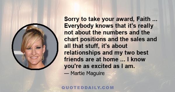 Sorry to take your award, Faith ... Everybody knows that it's really not about the numbers and the chart positions and the sales and all that stuff, it's about relationships and my two best friends are at home ... I