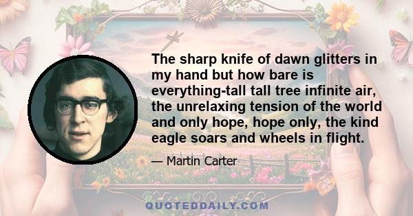 The sharp knife of dawn glitters in my hand but how bare is everything-tall tall tree infinite air, the unrelaxing tension of the world and only hope, hope only, the kind eagle soars and wheels in flight.