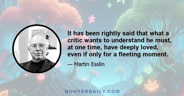 It has been rightly said that what a critic wants to understand he must, at one time, have deeply loved, even if only for a fleeting moment.