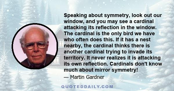 Speaking about symmetry, look out our window, and you may see a cardinal attacking its reflection in the window. The cardinal is the only bird we have who often does this. If it has a nest nearby, the cardinal thinks