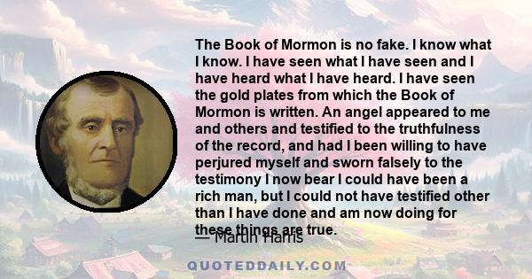 The Book of Mormon is no fake. I know what I know. I have seen what I have seen and I have heard what I have heard. I have seen the gold plates from which the Book of Mormon is written. An angel appeared to me and