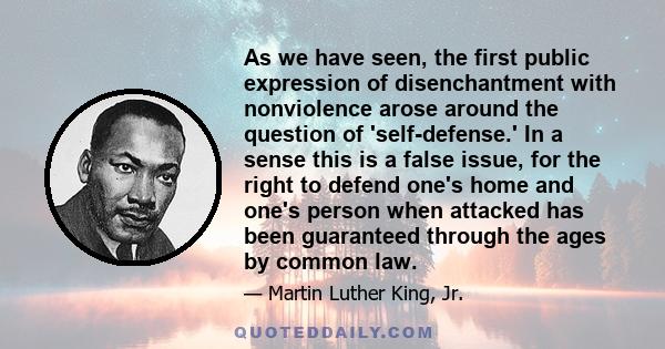 As we have seen, the first public expression of disenchantment with nonviolence arose around the question of 'self-defense.' In a sense this is a false issue, for the right to defend one's home and one's person when