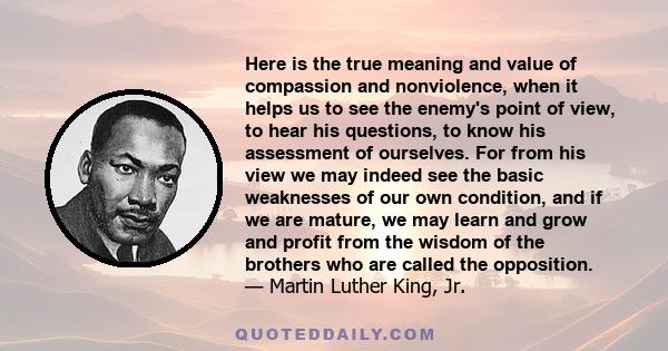 Here is the true meaning and value of compassion and nonviolence, when it helps us to see the enemy's point of view, to hear his questions, to know his assessment of ourselves. For from his view we may indeed see the