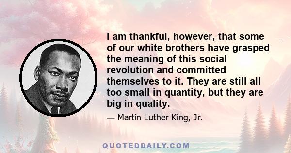 I am thankful, however, that some of our white brothers have grasped the meaning of this social revolution and committed themselves to it. They are still all too small in quantity, but they are big in quality.