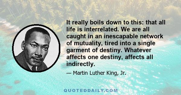 It really boils down to this: that all life is interrelated. We are all caught in an inescapable network of mutuality, tired into a single garment of destiny. Whatever affects one destiny, affects all indirectly.