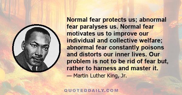 Normal fear protects us; abnormal fear paralyses us. Normal fear motivates us to improve our individual and collective welfare; abnormal fear constantly poisons and distorts our inner lives. Our problem is not to be rid 