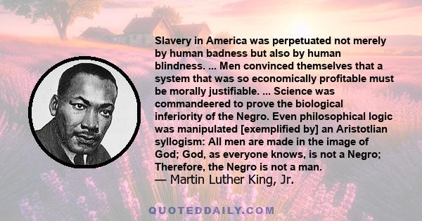 Slavery in America was perpetuated not merely by human badness but also by human blindness. ... Men convinced themselves that a system that was so economically profitable must be morally justifiable. ... Science was