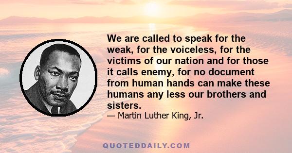 We are called to speak for the weak, for the voiceless, for the victims of our nation and for those it calls enemy, for no document from human hands can make these humans any less our brothers and sisters.