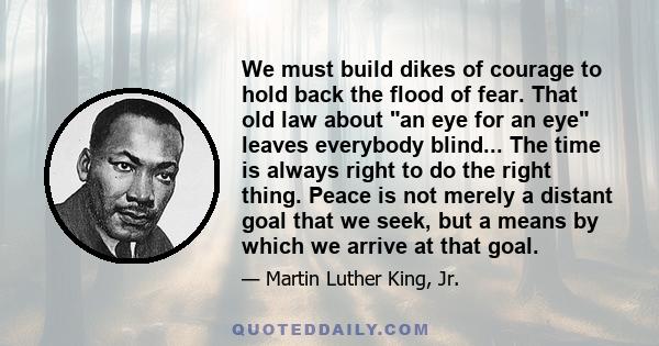 We must build dikes of courage to hold back the flood of fear. That old law about an eye for an eye leaves everybody blind... The time is always right to do the right thing. Peace is not merely a distant goal that we