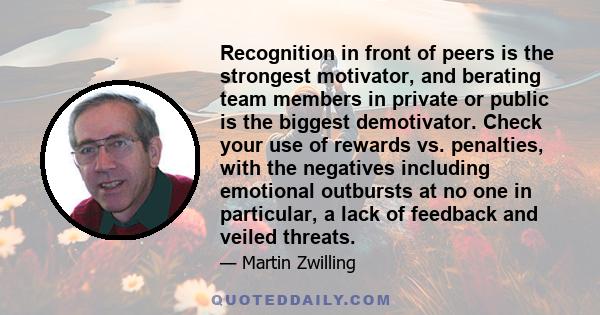 Recognition in front of peers is the strongest motivator, and berating team members in private or public is the biggest demotivator. Check your use of rewards vs. penalties, with the negatives including emotional