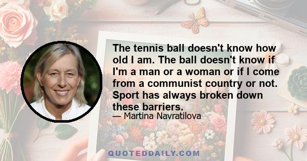 The tennis ball doesn't know how old I am. The ball doesn't know if I'm a man or a woman or if I come from a communist country or not. Sport has always broken down these barriers.