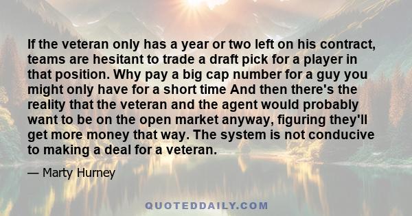 If the veteran only has a year or two left on his contract, teams are hesitant to trade a draft pick for a player in that position. Why pay a big cap number for a guy you might only have for a short time And then