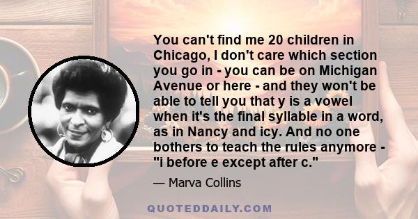 You can't find me 20 children in Chicago, I don't care which section you go in - you can be on Michigan Avenue or here - and they won't be able to tell you that y is a vowel when it's the final syllable in a word, as in 