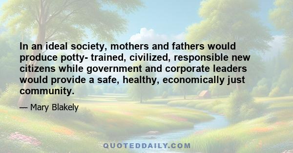 In an ideal society, mothers and fathers would produce potty- trained, civilized, responsible new citizens while government and corporate leaders would provide a safe, healthy, economically just community.