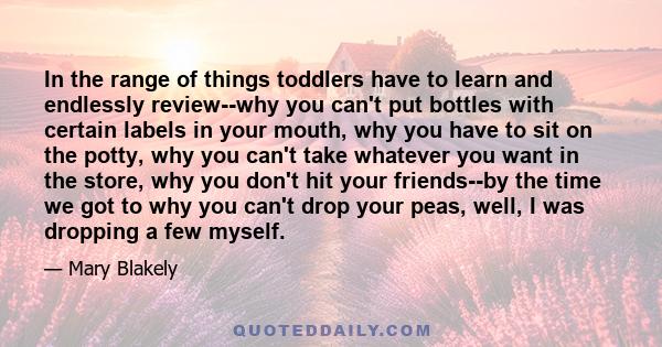 In the range of things toddlers have to learn and endlessly review--why you can't put bottles with certain labels in your mouth, why you have to sit on the potty, why you can't take whatever you want in the store, why