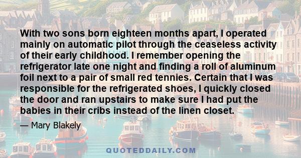 With two sons born eighteen months apart, I operated mainly on automatic pilot through the ceaseless activity of their early childhood. I remember opening the refrigerator late one night and finding a roll of aluminum