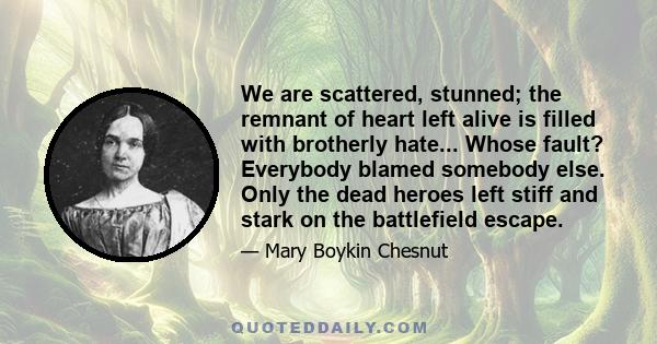 We are scattered, stunned; the remnant of heart left alive is filled with brotherly hate... Whose fault? Everybody blamed somebody else. Only the dead heroes left stiff and stark on the battlefield escape.