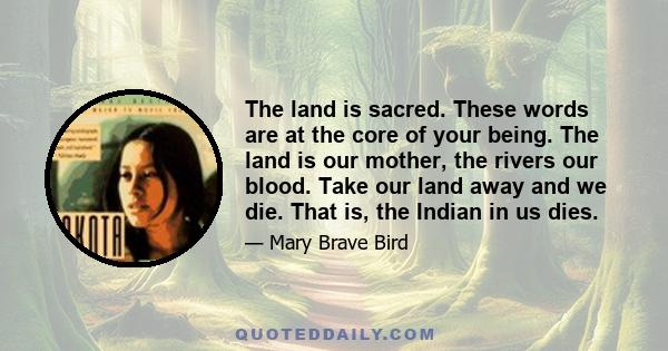 The land is sacred. These words are at the core of your being. The land is our mother, the rivers our blood. Take our land away and we die. That is, the Indian in us dies.