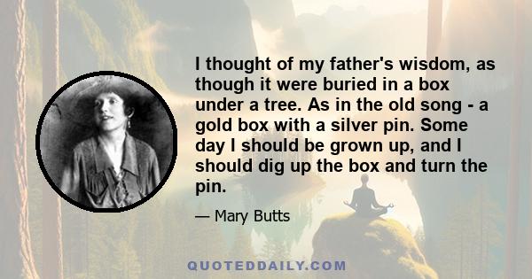 I thought of my father's wisdom, as though it were buried in a box under a tree. As in the old song - a gold box with a silver pin. Some day I should be grown up, and I should dig up the box and turn the pin.