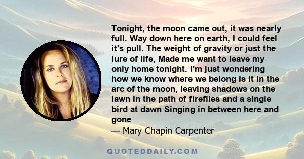 Tonight, the moon came out, it was nearly full. Way down here on earth, I could feel it's pull. The weight of gravity or just the lure of life, Made me want to leave my only home tonight. I'm just wondering how we know