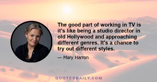 The good part of working in TV is it's like being a studio director in old Hollywood and approaching different genres. It's a chance to try out different styles.