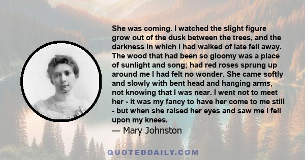 She was coming. I watched the slight figure grow out of the dusk between the trees, and the darkness in which I had walked of late fell away. The wood that had been so gloomy was a place of sunlight and song; had red