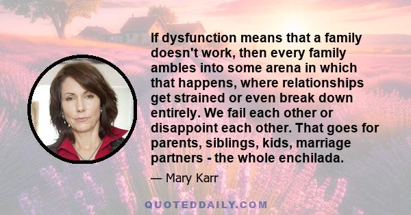 If dysfunction means that a family doesn't work, then every family ambles into some arena in which that happens, where relationships get strained or even break down entirely. We fail each other or disappoint each other. 