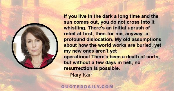 If you live in the dark a long time and the sun comes out, you do not cross into it whistling. There's an initial uprush of relief at first, then-for me, anyway- a profound dislocation. My old assumptions about how the