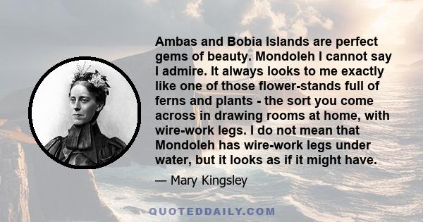 Ambas and Bobia Islands are perfect gems of beauty. Mondoleh I cannot say I admire. It always looks to me exactly like one of those flower-stands full of ferns and plants - the sort you come across in drawing rooms at